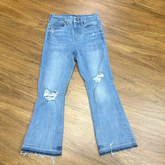 Express High Rise Raw Hem Cropped Flare Ripped Jeans Size S/R (0/2/4) - Picture 4 of 11